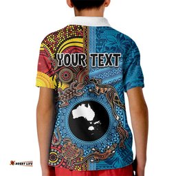 Personalised Australia and Fiji Together Kid Polo Shirt Tribal Palm Tree with Tapa and Aboriginal Animals Half Style LT03