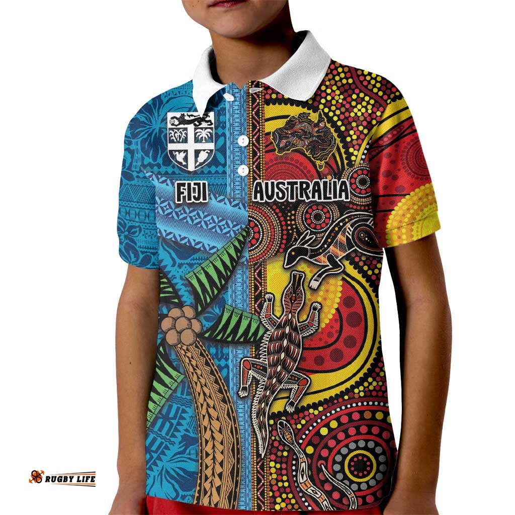 Personalised Australia and Fiji Together Kid Polo Shirt Tribal Palm Tree with Tapa and Aboriginal Animals Half Style LT03