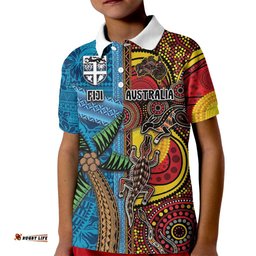 Personalised Australia and Fiji Together Kid Polo Shirt Tribal Palm Tree with Tapa and Aboriginal Animals Half Style LT03
