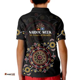 NAIDOC Deadly 50 Years Kid Polo Shirt Aboriginal Black Gold Boomerang Art LT9
