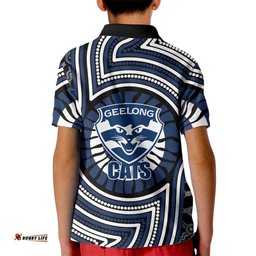 Geelong Cats Kid Polo Shirt Indigenous Monochrome Dot Art Mascot Style TS04