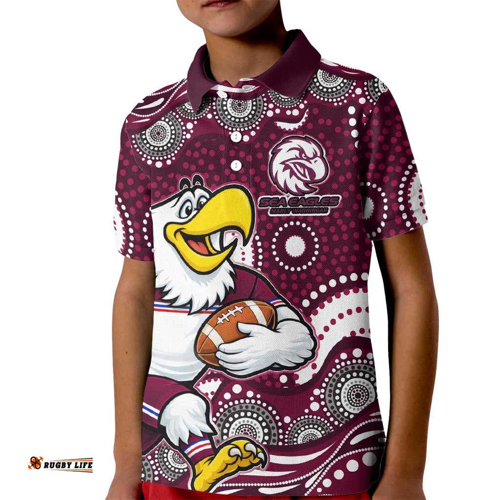 Manly Warringah Sea Eagles Kid Polo Shirt Aboriginal Dot Pattern - Rugby Mascot Heritage Pride TS04