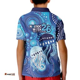 NAIDOC Deadly 50 Years Kid Polo Shirt Jellyfish Aboriginal Culture Inspired Blue LT9