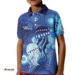 NAIDOC Deadly 50 Years Kid Polo Shirt Jellyfish Aboriginal Culture Inspired Blue LT9