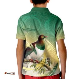 New Zealand Pigeon Kereru Kid Polo Shirt Maori Fern Art Green Gradient LT05