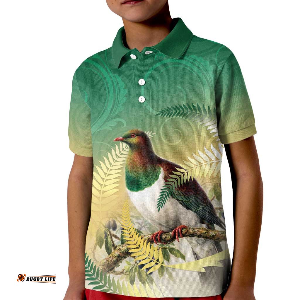 New Zealand Pigeon Kereru Kid Polo Shirt Maori Fern Art Green Gradient LT05