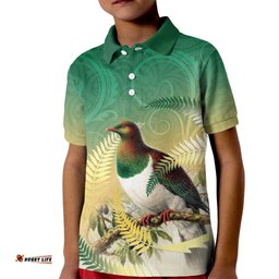 New Zealand Pigeon Kereru Kid Polo Shirt Maori Fern Art Green Gradient LT05