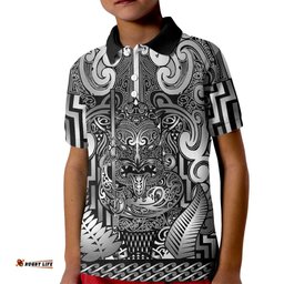 Custom New Zealand Taiaha Maori Kid Polo Shirt Kiwikiwi Minimalist Silver Fern Tukutuku Motif LT9