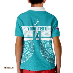 New Zealand Silver Fern Cricket Custom Kid Polo Shirt Black Cap Teal Maori Pattern LT14