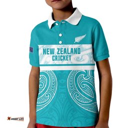 New Zealand Silver Fern Cricket Custom Kid Polo Shirt Black Cap Teal Maori Pattern LT14