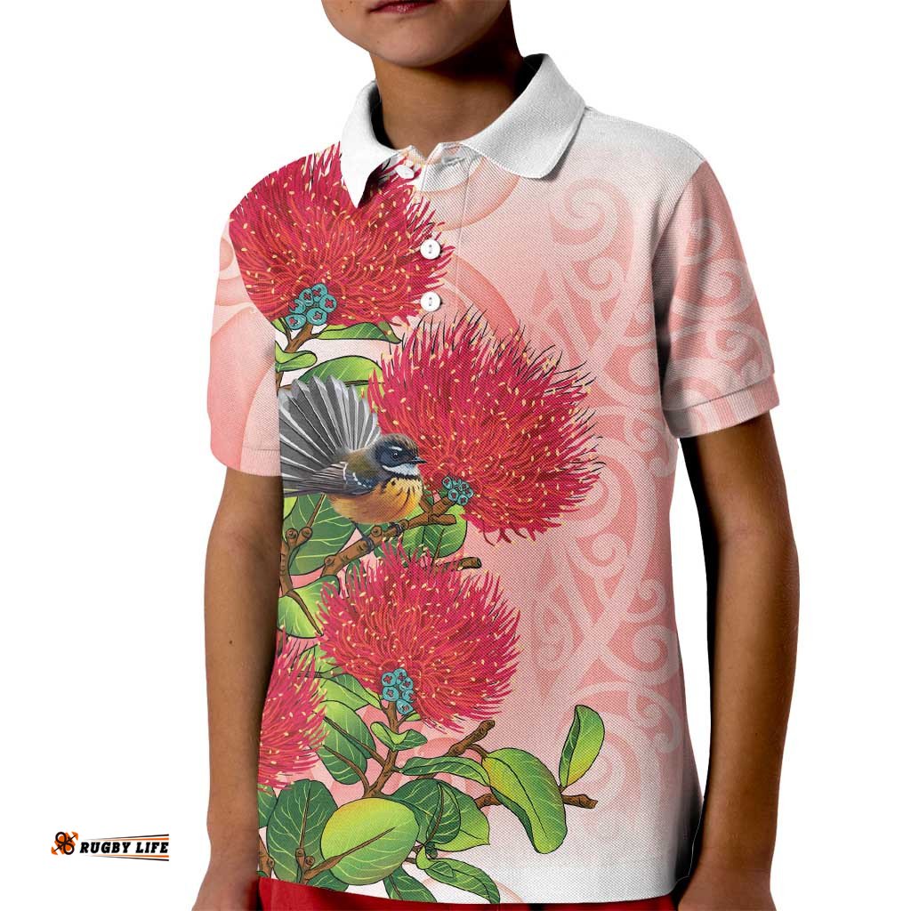 New Zealand Fantail Kid Polo Shirt Maori Koru With Pohutukawa Flowers LT05