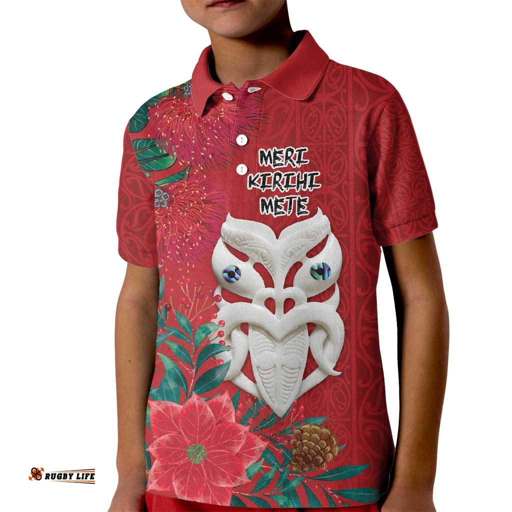 Maori Wheku Meri Kirihimete Personalised Kid Polo Shirt All Red Indigenous Maori Motif LT9