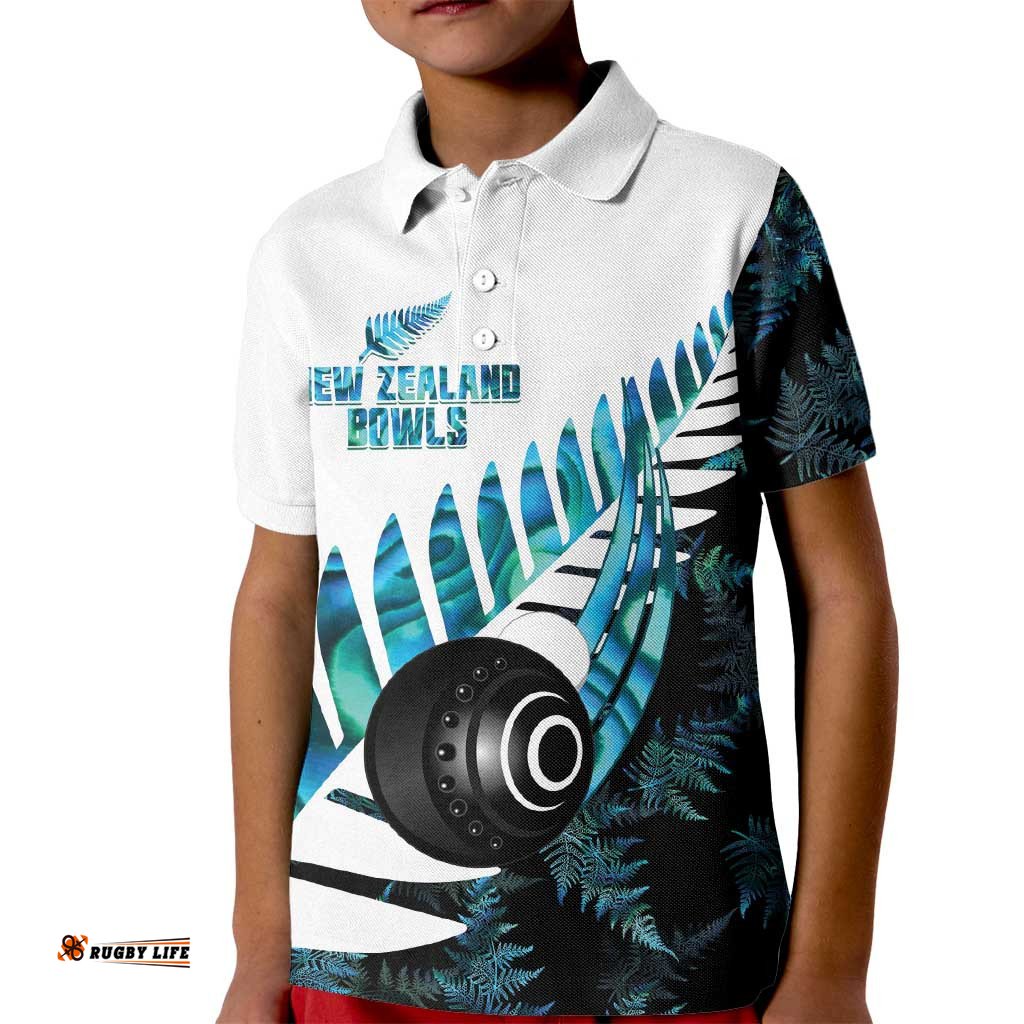 New Zealand Lawn Bowls Custom Kid Polo Shirt Aotearoa Silver Fern Paua Shell LT14
