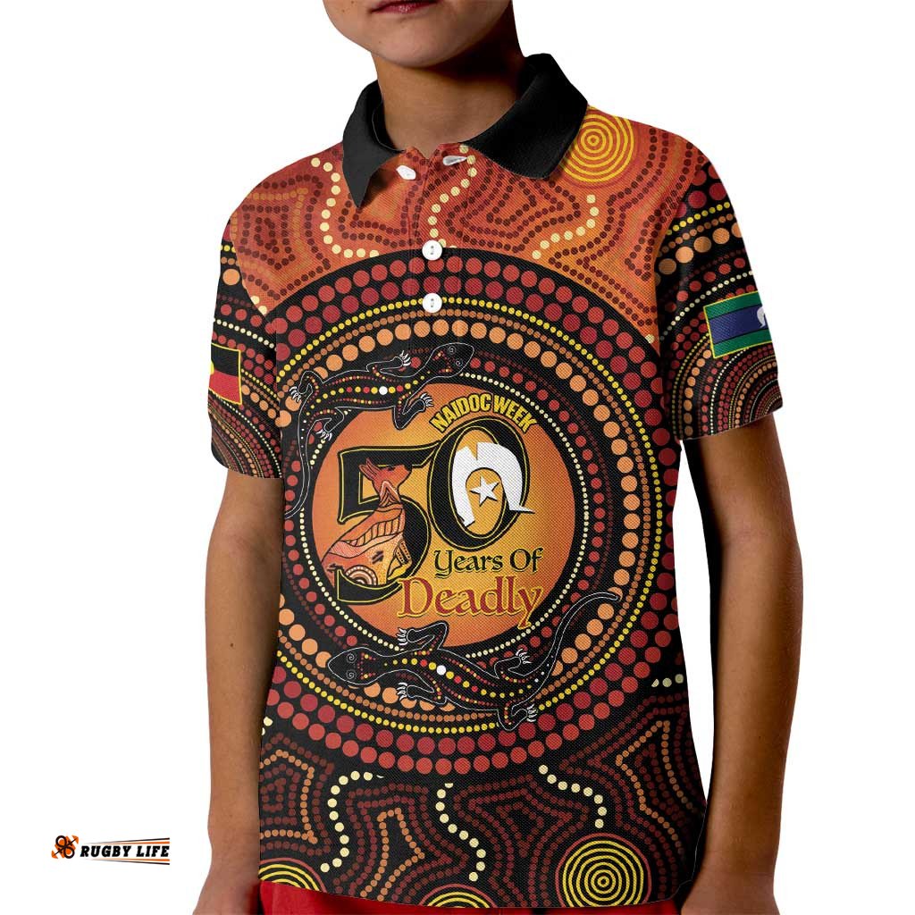 NAIDOC Week 2026 Personalised Kid Polo Shirt 50 Years of Deadly Lizard Kangaroo Aboriginal Art LT14