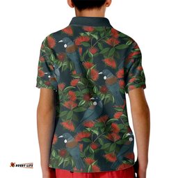 New Zealand Christmas Kid Polo Shirt Romantic Tui Birds on Pohutukawa - Cobalt LT7