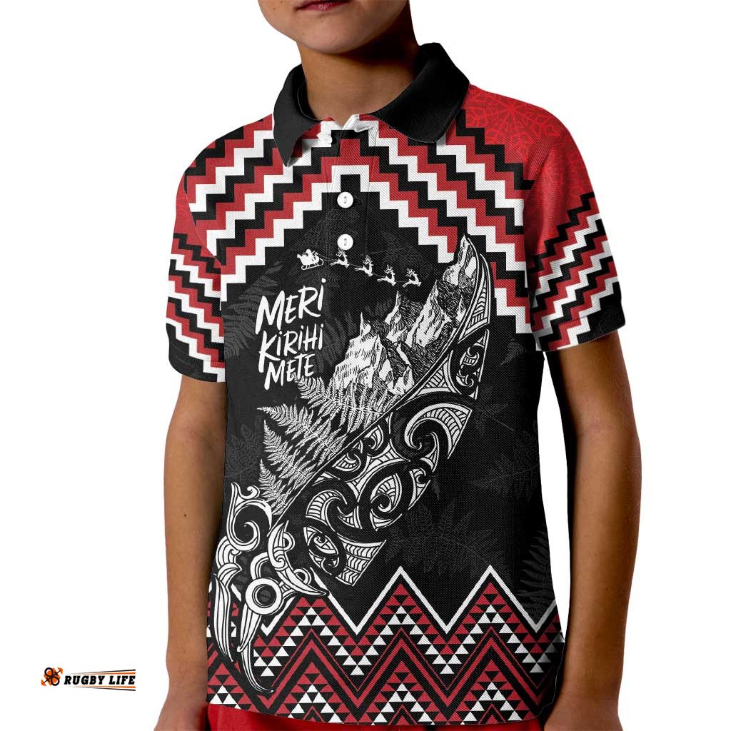 New Zealand Christmas Taniko Poutama Kid Polo Shirt Mountainscape Maori Fern LT7