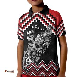 New Zealand Christmas Taniko Poutama Kid Polo Shirt Mountainscape Maori Fern LT7