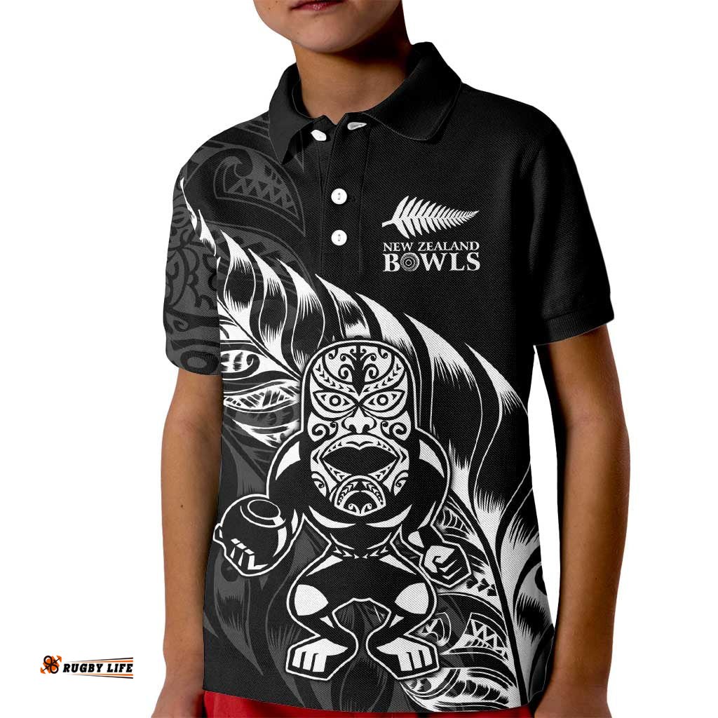 New Zealand Lawn Bowls Custom Kid Polo Shirt Black Maori Warrior Tribal Silver Fern LT9