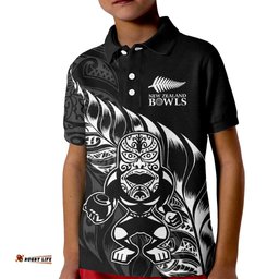New Zealand Lawn Bowls Custom Kid Polo Shirt Black Maori Warrior Tribal Silver Fern LT9