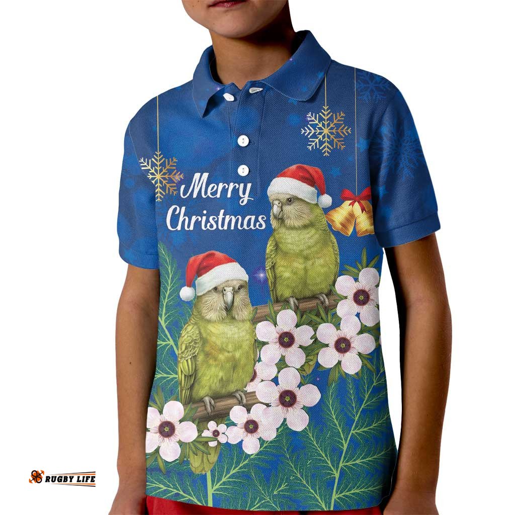 New Zealand Kakapo Christmas Kid Polo Shirt Owl Parrot Santa Sliver Fern Manuka - Blue LT14