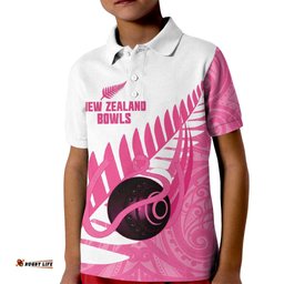 New Zealand Lawn Bowls Breast Cancer Custom Kid Polo Shirt Aotearoa Maori Silver Fern Pink Ribbon LT14