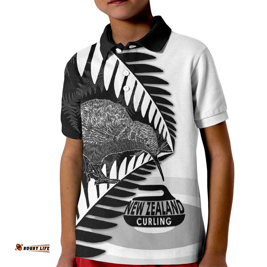 New Zealand Silver Fern Curling Personalised Kid Polo Shirt Aotearoa Kiwi Ponga Black White Version LT14