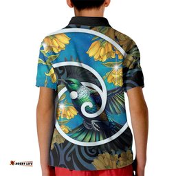 New Zealand Tui Bird Kid Polo Shirt Maori Koru With Kowhai Flowers LT05