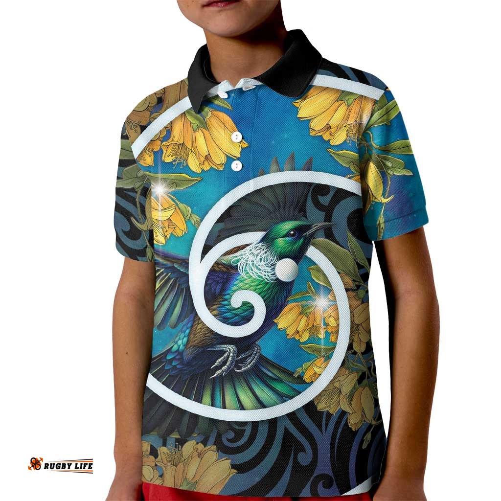 New Zealand Tui Bird Kid Polo Shirt Maori Koru With Kowhai Flowers LT05