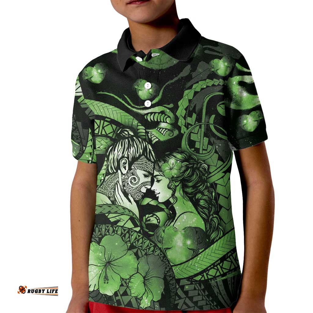 Personalised Maori Romantic Valentine Kid Polo Shirt The Hongi Kiss Green Galaxy DT05