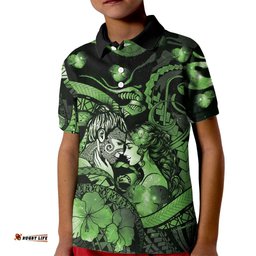 Personalised Maori Romantic Valentine Kid Polo Shirt The Hongi Kiss Green Galaxy DT05