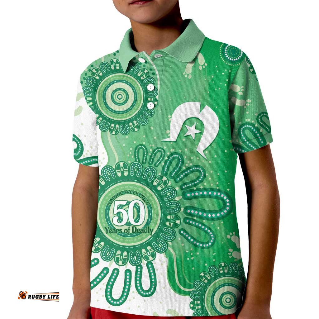 NAIDOC Week 2026 Kid Polo Shirt 50 Years Deadly Dhari Green Aboriginal Art LT14