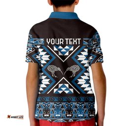 Personalised Taniko Motifs Aotearoa Kid Polo Shirt Waitangi Kowhaiwhai Kiwi - Blue LT7