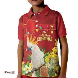 Personalised Australia Sulphur-crested Cockatoo Christmas Kid Polo Shirt Aussie Native Flowers Merry Xmas LT14
