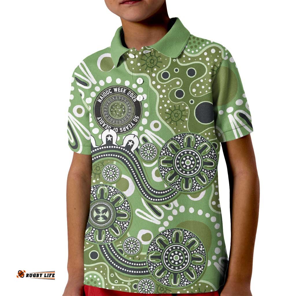 Personalised NAIDOC Week 50 Years Deadly Always Kid Polo Shirt Green Aboriginal Artwork Dot Painting LT9