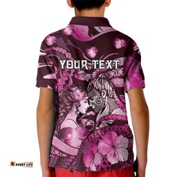 Personalised Maori Romantic Valentine Kid Polo Shirt The Hongi Kiss Pink Galaxy DT05