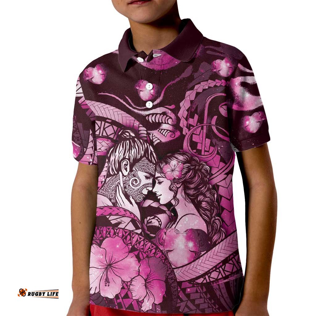 Personalised Maori Romantic Valentine Kid Polo Shirt The Hongi Kiss Pink Galaxy DT05