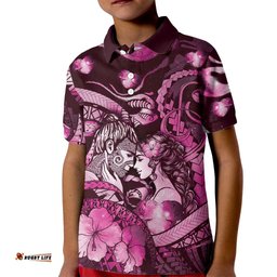 Personalised Maori Romantic Valentine Kid Polo Shirt The Hongi Kiss Pink Galaxy DT05