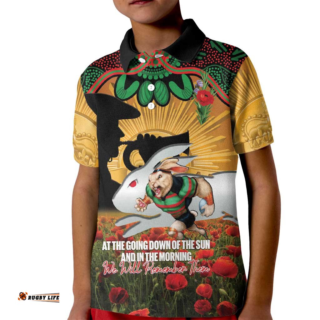 Personalised Rabbitohs Rugby ANZAC Day Kid Polo Shirt Last Post Poppy We Will Remember Them LT14