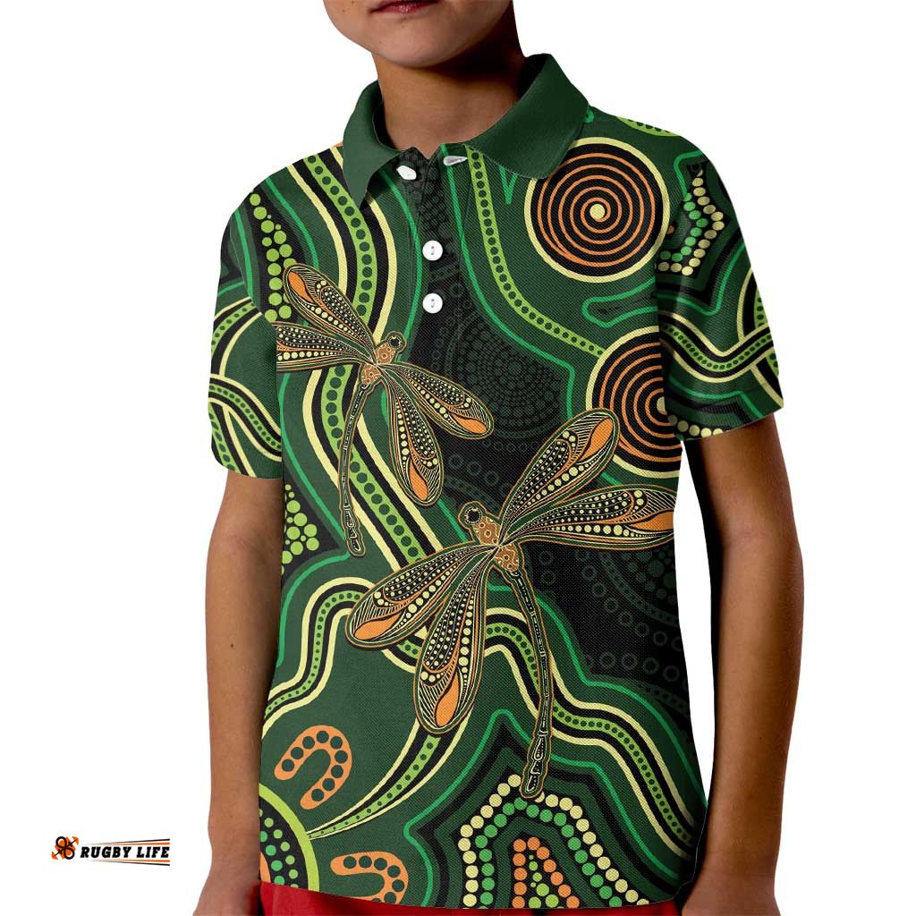 Green Indigenous Dragonfly Australia Kid Polo Shirt Aboriginal Art LT14