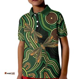 Green Indigenous Dragonfly Australia Kid Polo Shirt Aboriginal Art LT14