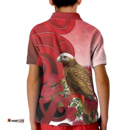 New Zealand Parrot Kaka Kid Polo Shirt Maori Koru With Pohutukawa Flowers LT05