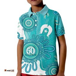 NAIDOC Week 2026 Kid Polo Shirt 50 Years Deadly Dhari Cyan Aboriginal Art LT14