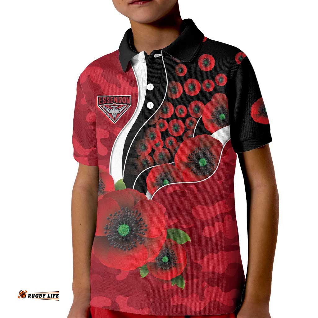 Essendon Bombers ANZAC Personalised Kid Polo Shirt Lest We Forget Poppy Camo LT9