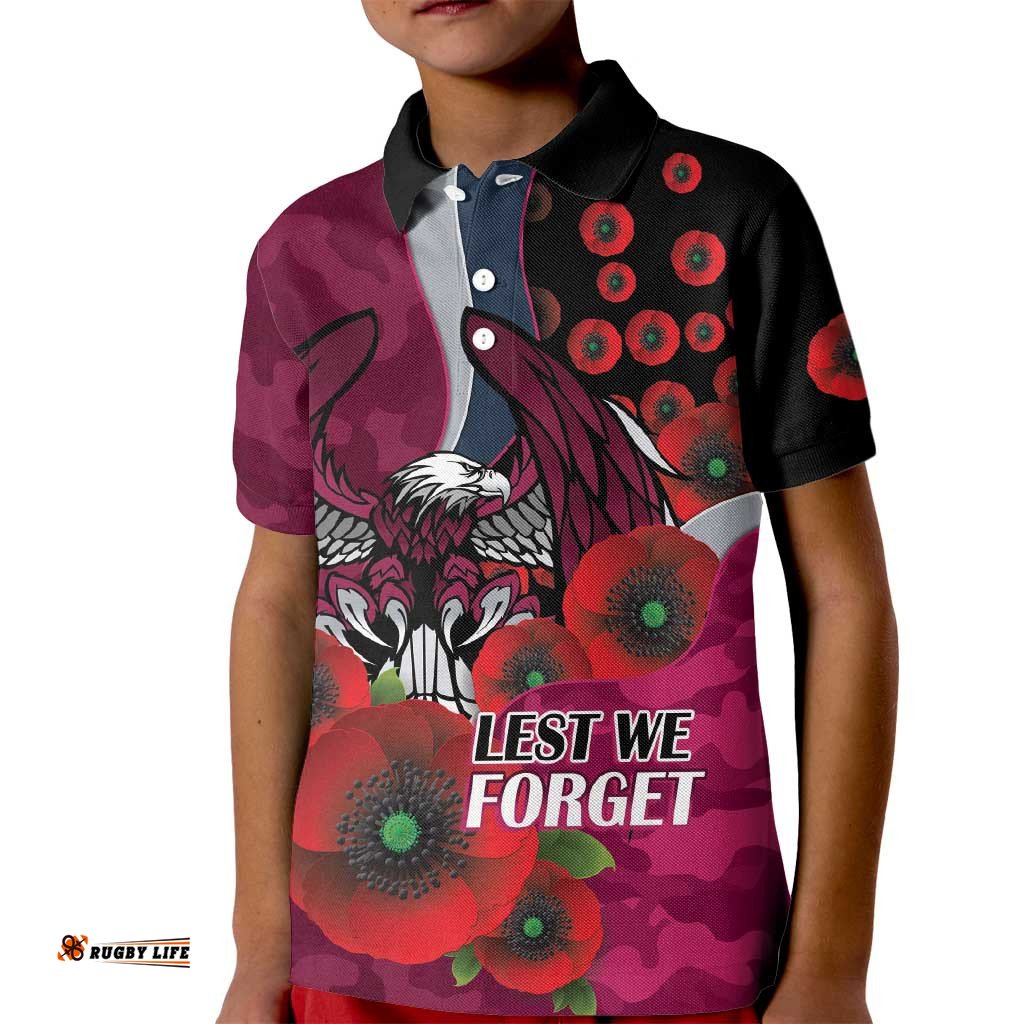 Manly Warringah Sea Eagles ANZAC Personalised Kid Polo Shirt Lest We Forget Poppy Camo LT9