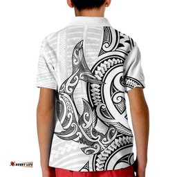 New Zealand Hammerhead Shark Kid Polo Shirt Maori Haehae Mangopare White LT14