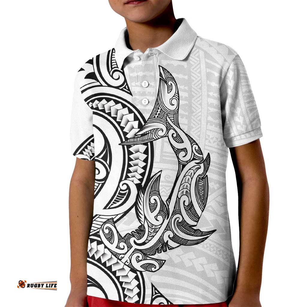 New Zealand Hammerhead Shark Kid Polo Shirt Maori Haehae Mangopare White LT14