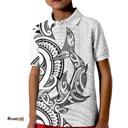 New Zealand Hammerhead Shark Kid Polo Shirt Maori Haehae Mangopare White LT14