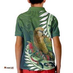 New Zealand Kea Bird Kid Polo Shirt With Maori Koru Fern LT05