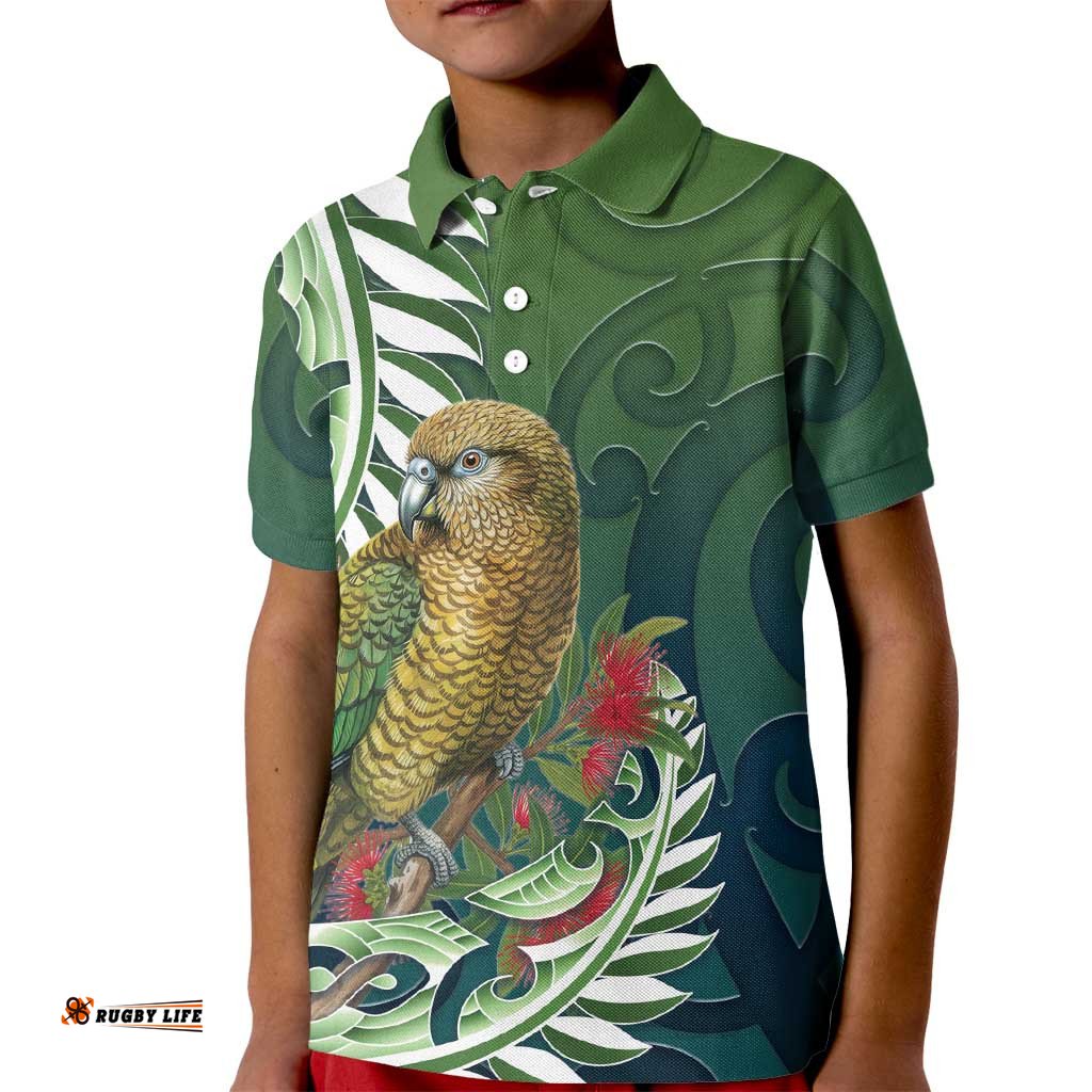 New Zealand Kea Bird Kid Polo Shirt With Maori Koru Fern LT05