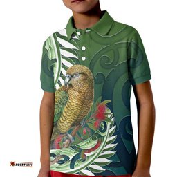 New Zealand Kea Bird Kid Polo Shirt With Maori Koru Fern LT05